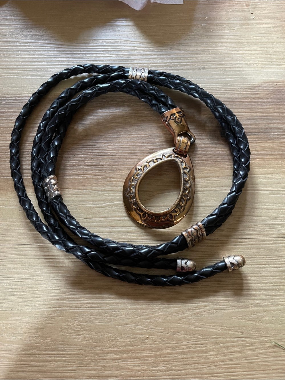 Men's Black Braided Leather Lariat Necklace with Gold-Tone Pendant